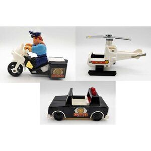 Vintage 1981, Fisher Price Husky Helicopter Police Car & Motorcycle/ 1 Cop